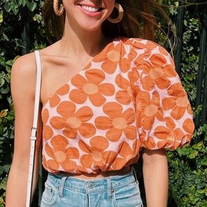 Vestique Orange & pink Floral One-Shoulder Crop Top